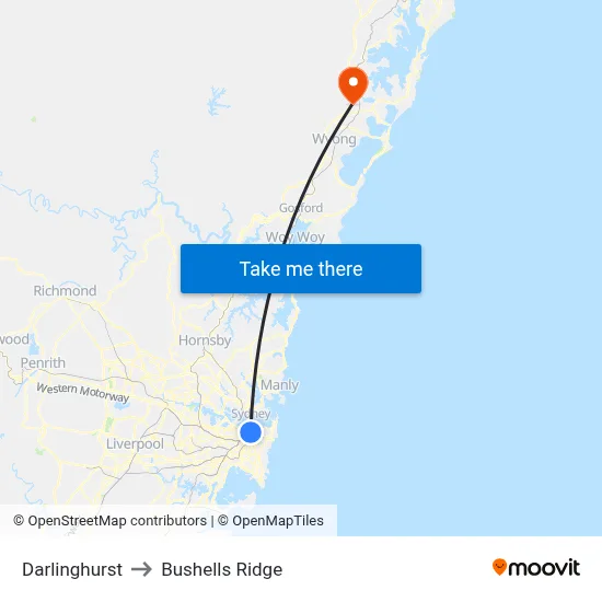 Darlinghurst to Bushells Ridge map