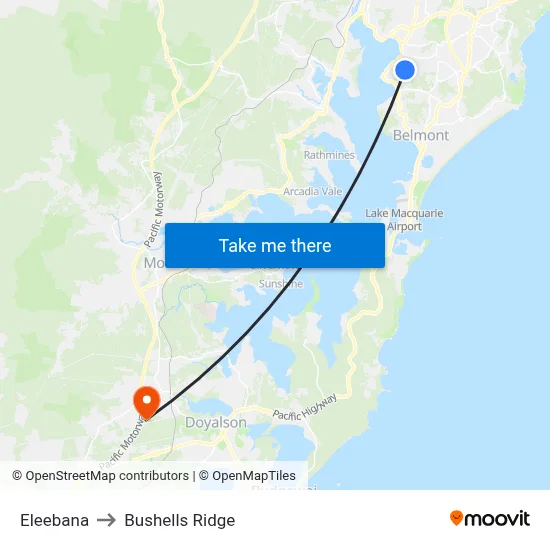 Eleebana to Bushells Ridge map