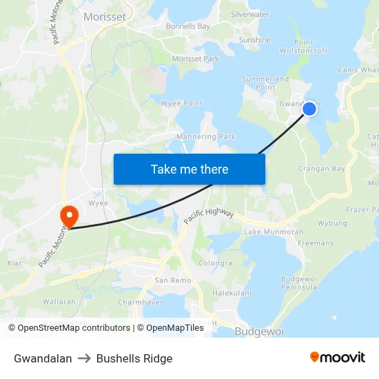 Gwandalan to Bushells Ridge map