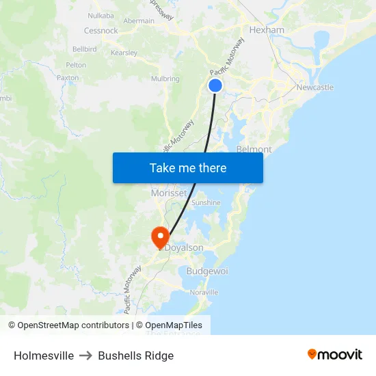 Holmesville to Bushells Ridge map