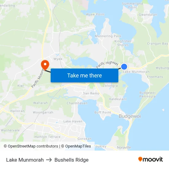 Lake Munmorah to Bushells Ridge map