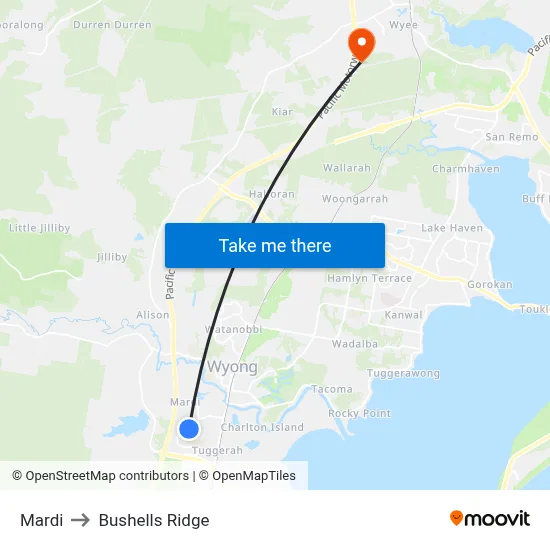 Mardi to Bushells Ridge map