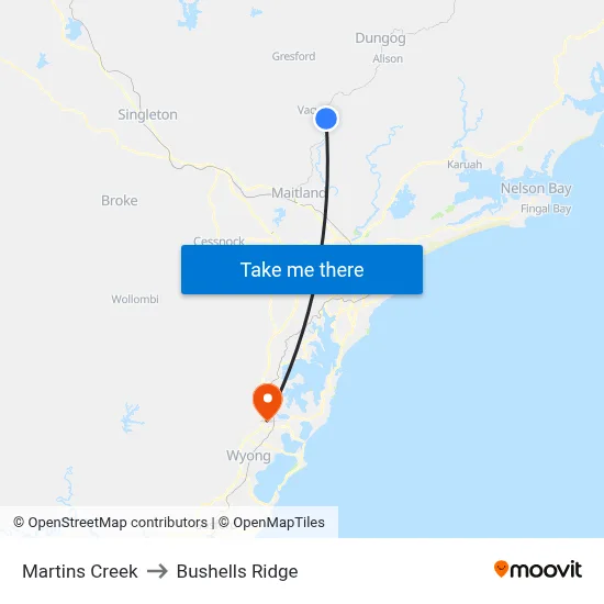 Martins Creek to Bushells Ridge map