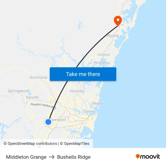 Middleton Grange to Bushells Ridge map