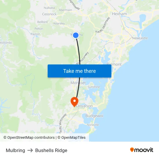 Mulbring to Bushells Ridge map