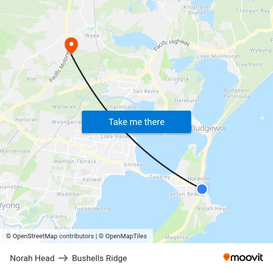 Norah Head to Bushells Ridge map