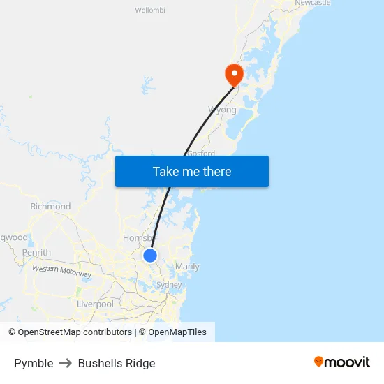 Pymble to Bushells Ridge map