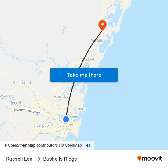 Russell Lea to Bushells Ridge map