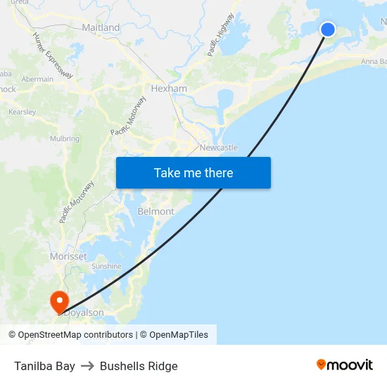 Tanilba Bay to Bushells Ridge map