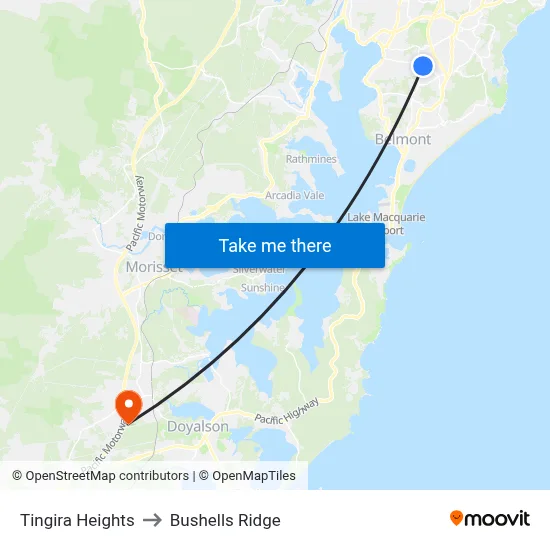 Tingira Heights to Bushells Ridge map