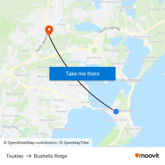 Toukley to Bushells Ridge map