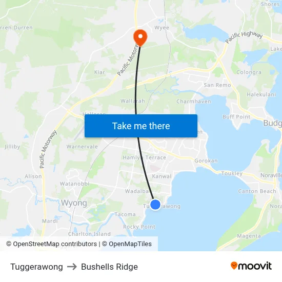 Tuggerawong to Bushells Ridge map