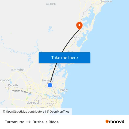 Turramurra to Bushells Ridge map