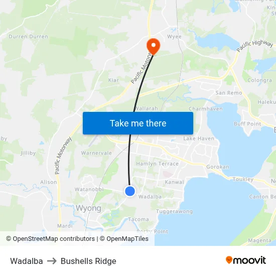 Wadalba to Bushells Ridge map