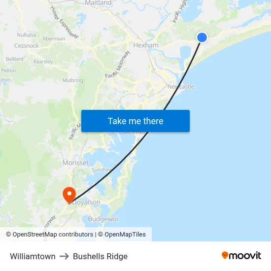 Williamtown to Bushells Ridge map