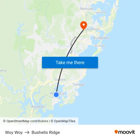 Woy Woy to Bushells Ridge map
