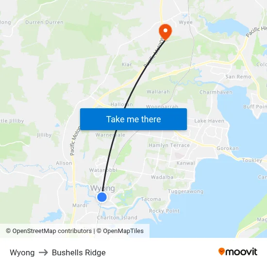Wyong to Bushells Ridge map