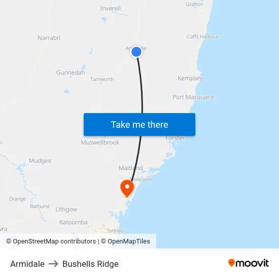 Armidale to Bushells Ridge map