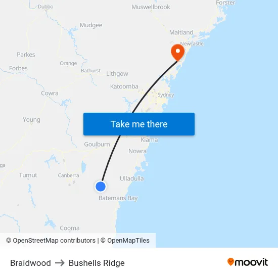 Braidwood to Bushells Ridge map