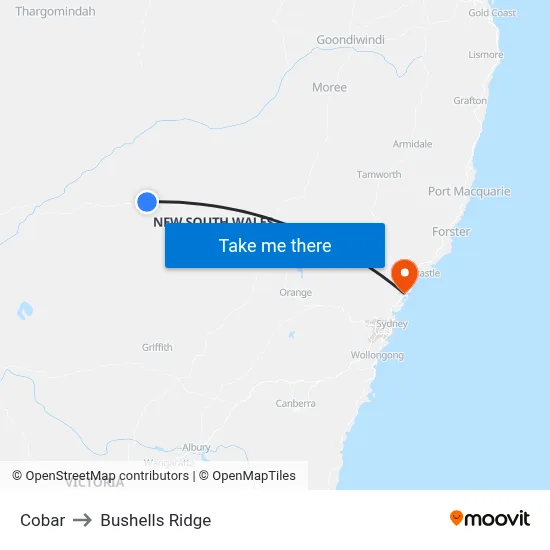 Cobar to Bushells Ridge map