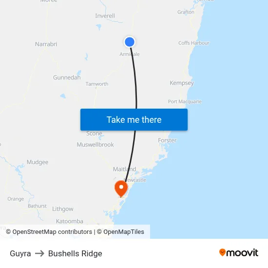 Guyra to Bushells Ridge map