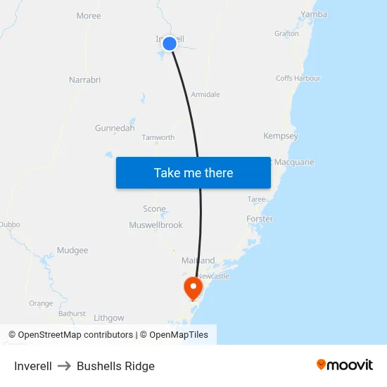 Inverell to Bushells Ridge map