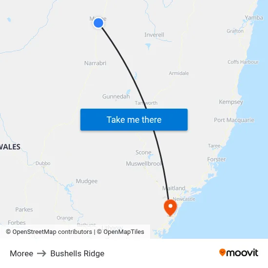 Moree to Bushells Ridge map