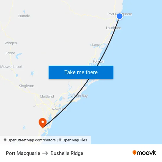 Port Macquarie to Bushells Ridge map
