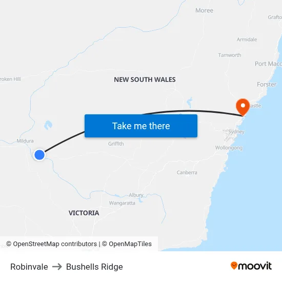 Robinvale to Bushells Ridge map