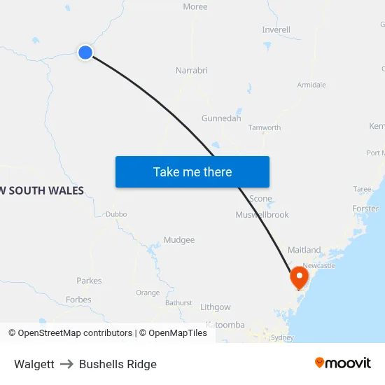 Walgett to Bushells Ridge map