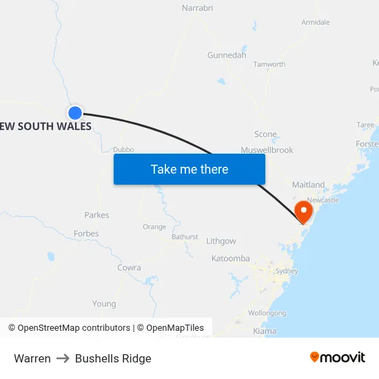 Warren to Bushells Ridge map