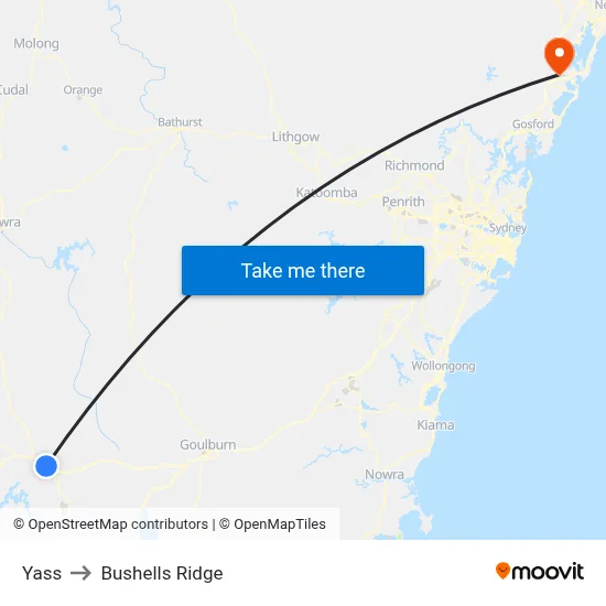 Yass to Bushells Ridge map