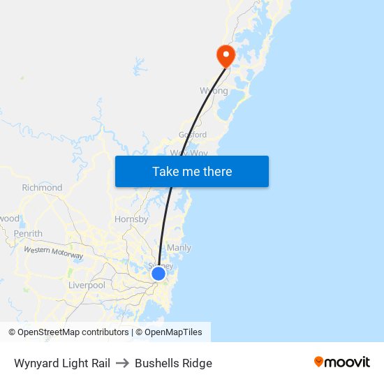 Wynyard Light Rail to Bushells Ridge map