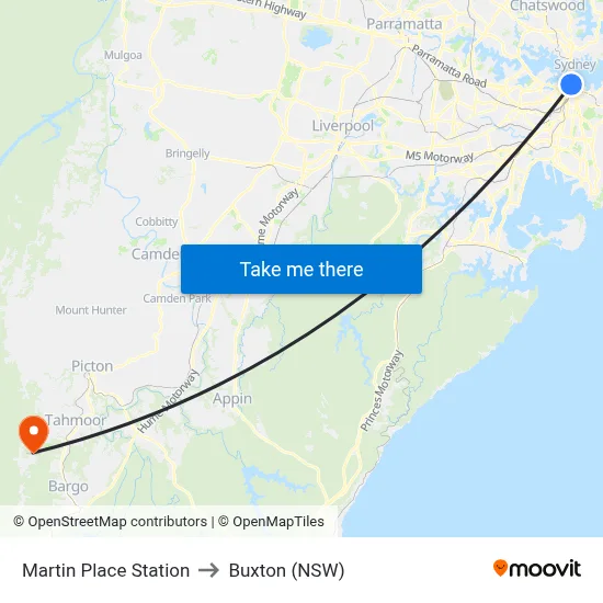 Martin Place Station to Buxton (NSW) map