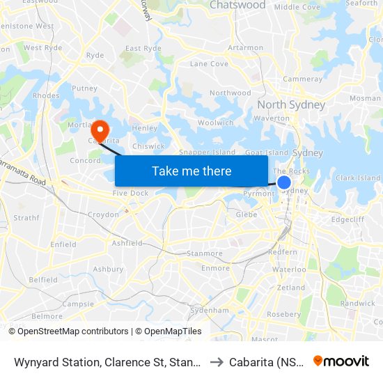 Wynyard Station, Clarence St, Stand Q to Cabarita (NSW) map