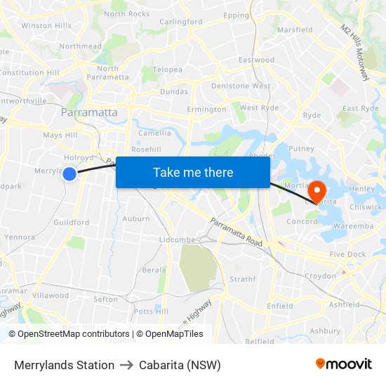 Merrylands Station to Cabarita (NSW) map