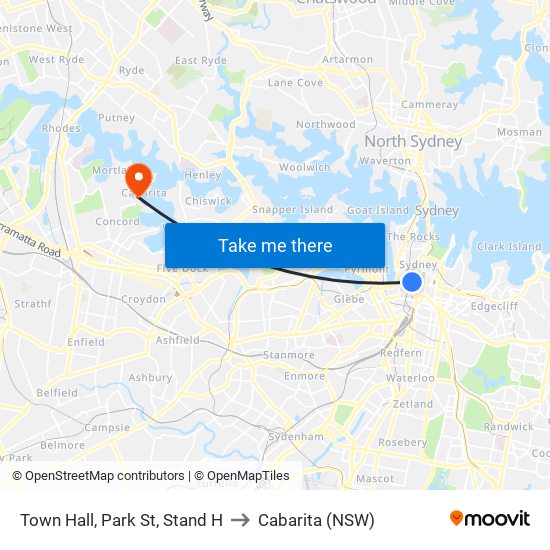 Town Hall Station, Park St, Stand H to Cabarita (NSW) map