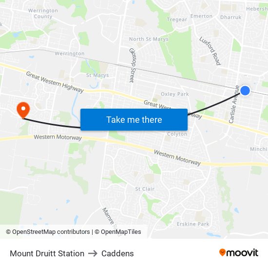 Mount Druitt Station to Caddens map