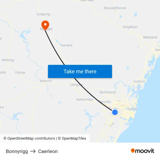 Bonnyrigg to Caerleon map