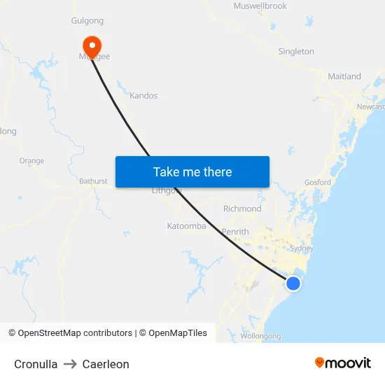 Cronulla to Caerleon map