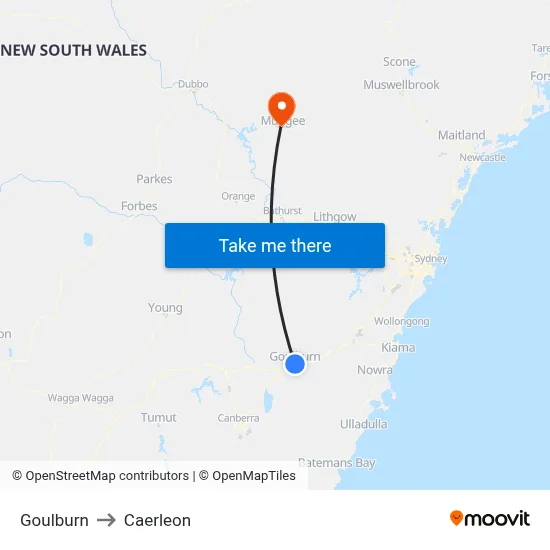 Goulburn to Caerleon map