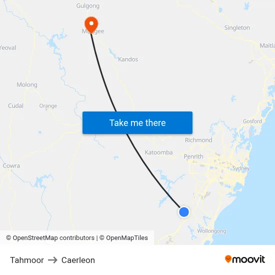 Tahmoor to Caerleon map
