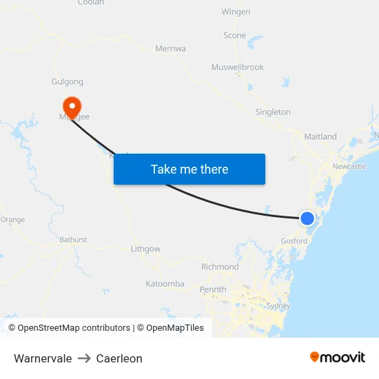 Warnervale to Caerleon map