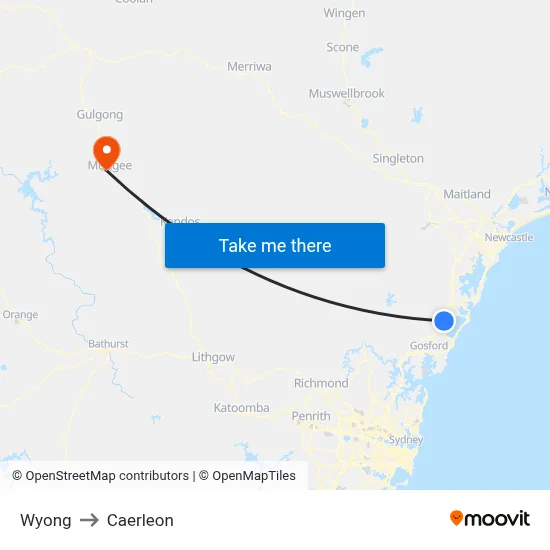 Wyong to Caerleon map