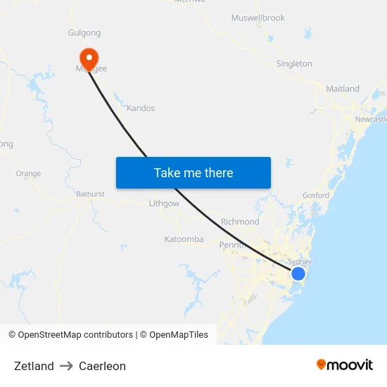 Zetland to Caerleon map