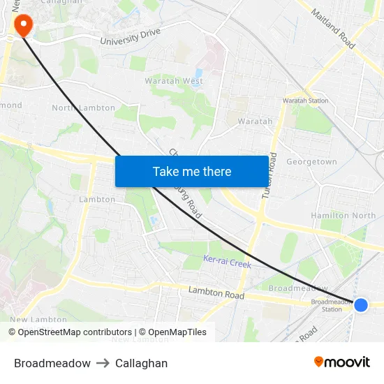 Broadmeadow to Callaghan map