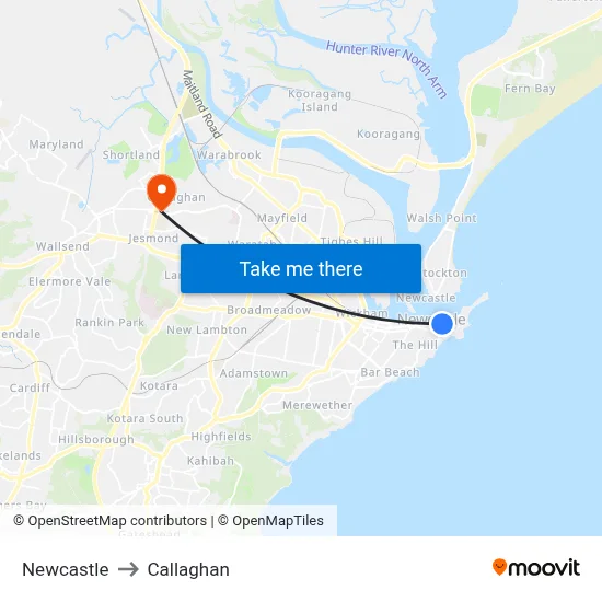 Newcastle to Callaghan map
