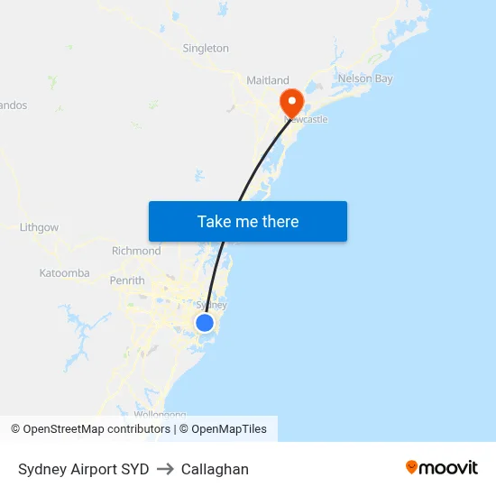 Sydney Airport SYD to Callaghan map