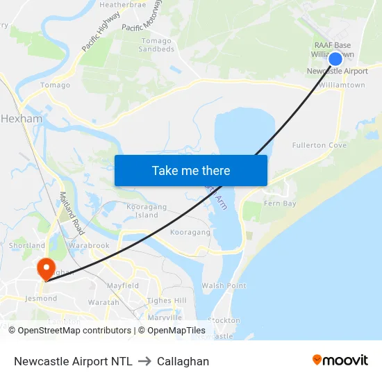 Newcastle Airport NTL to Callaghan map