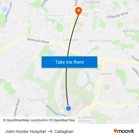 John Hunter Hospital to Callaghan map